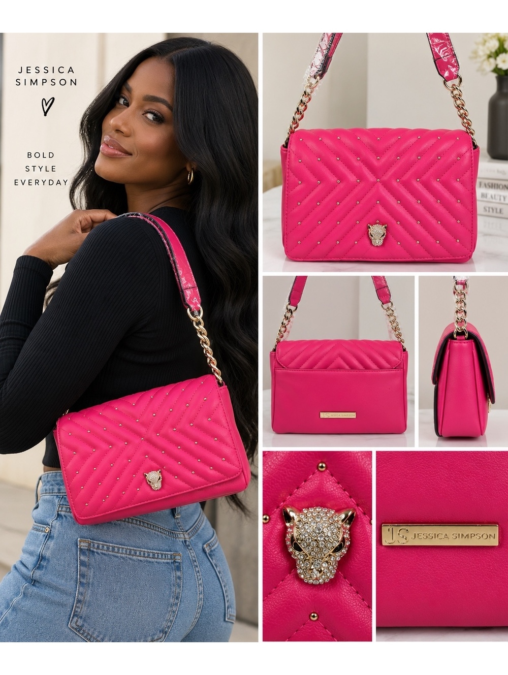 Jessica Simpson Hot Pink Quilted Shoulder Bag Gold Chain Rhinestone Leopard NWOT